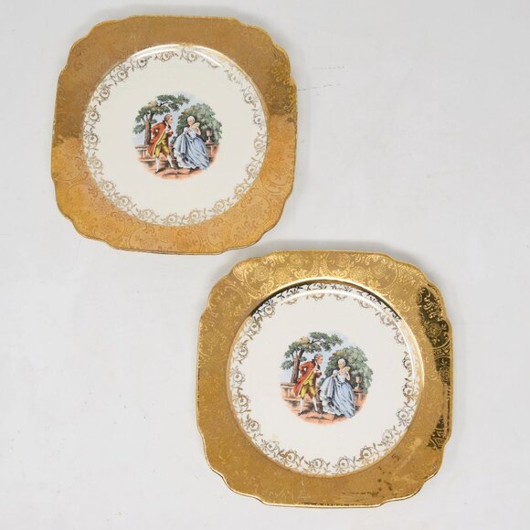 2 VTG Courting Couple Bread & Butter Dessert Plates Square 22 KT Gold Trim 6.5" - Picture 2 of 16